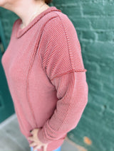 Corded Rib Long Sleeve Round Neck Pullover