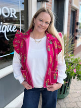 Magenta Floral Patterned Vest With Pockets