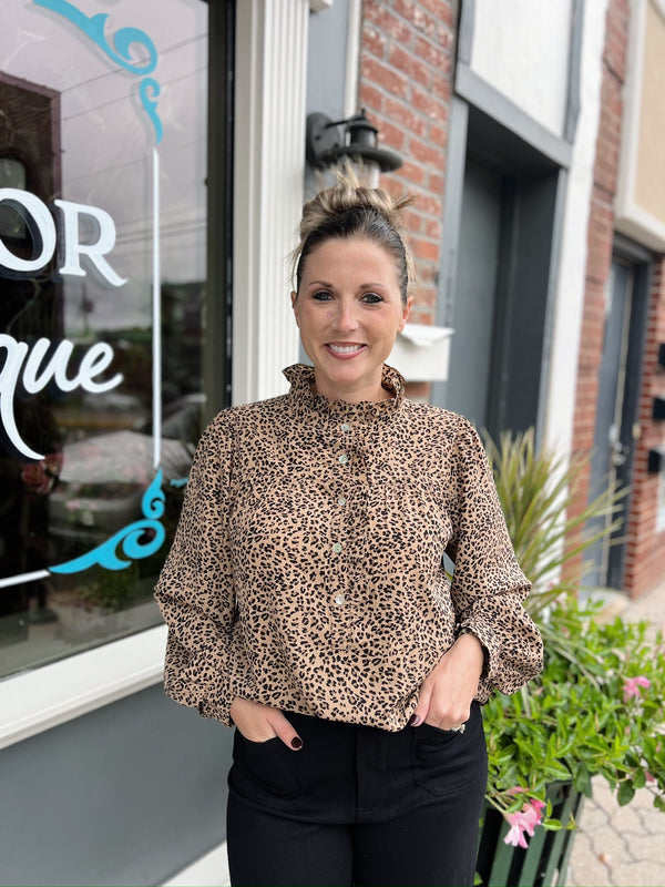 Leopard Long Sleeve Shirt With Ruffle Detail