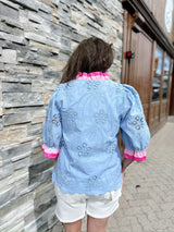Blue 3/4 Sleeve Button Down Eyelet Top
