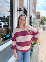 Mauve and Cream Striped V Neck Sweater