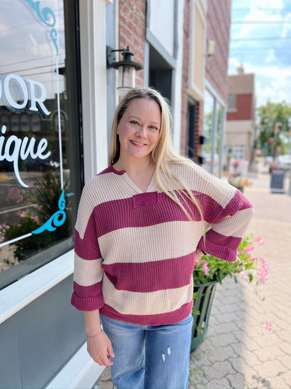 Mauve and Cream Striped V Neck Sweater