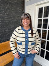 Striped Button Up Sweater Jacket W/ Denim Contrast