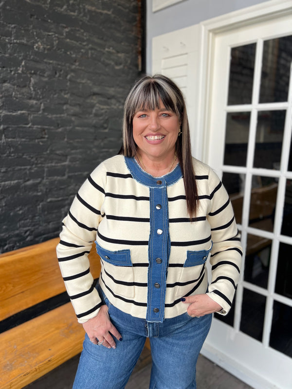 Striped Button Up Sweater Jacket W/ Denim Contrast