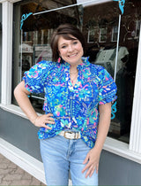 Blue Multi Color Floral Print Flutter Sleeve Top
