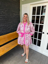 Curvy Pink Paisley Front Button Long Sleeve Dress