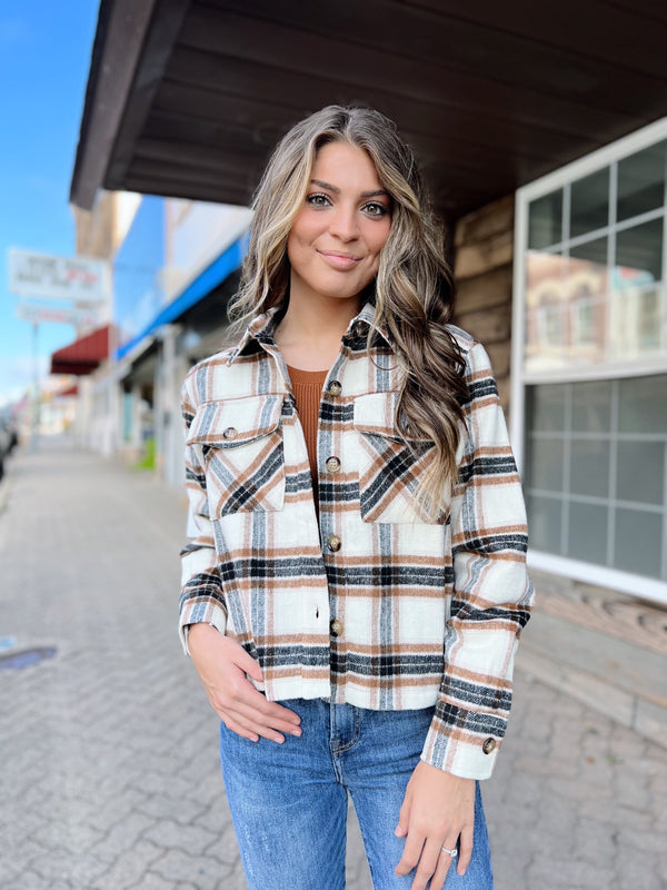 Cream Cropped Plaid Shacket