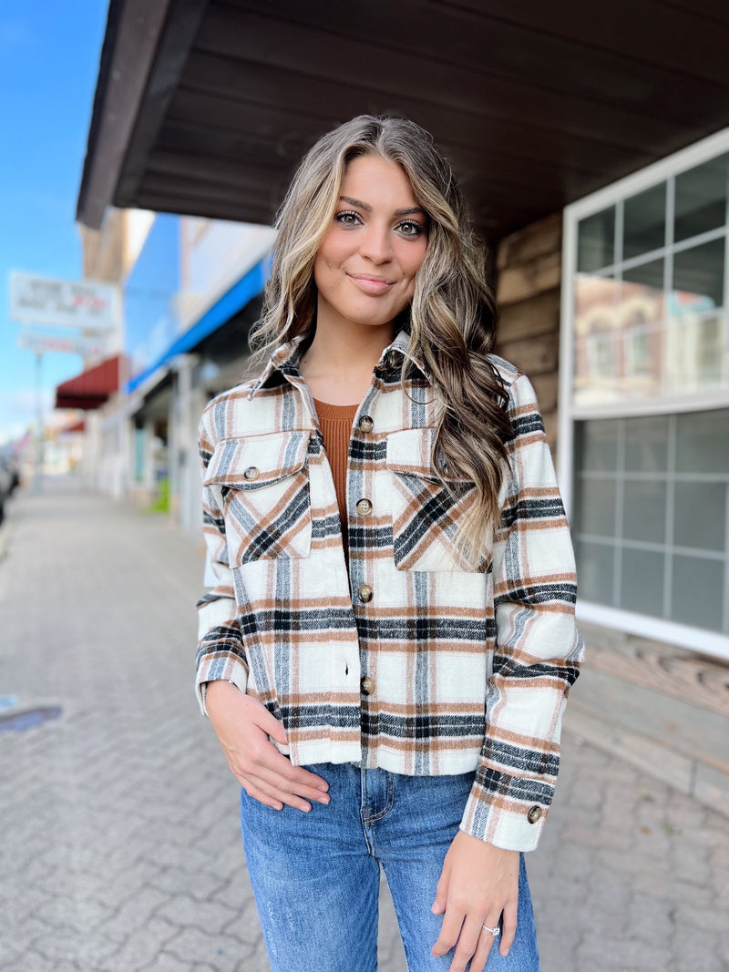 Cream Cropped Plaid Shacket