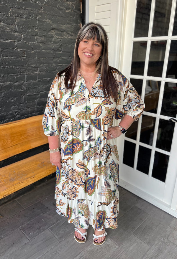 Curvy Cream Boho Paisley Tiered Midi Dress