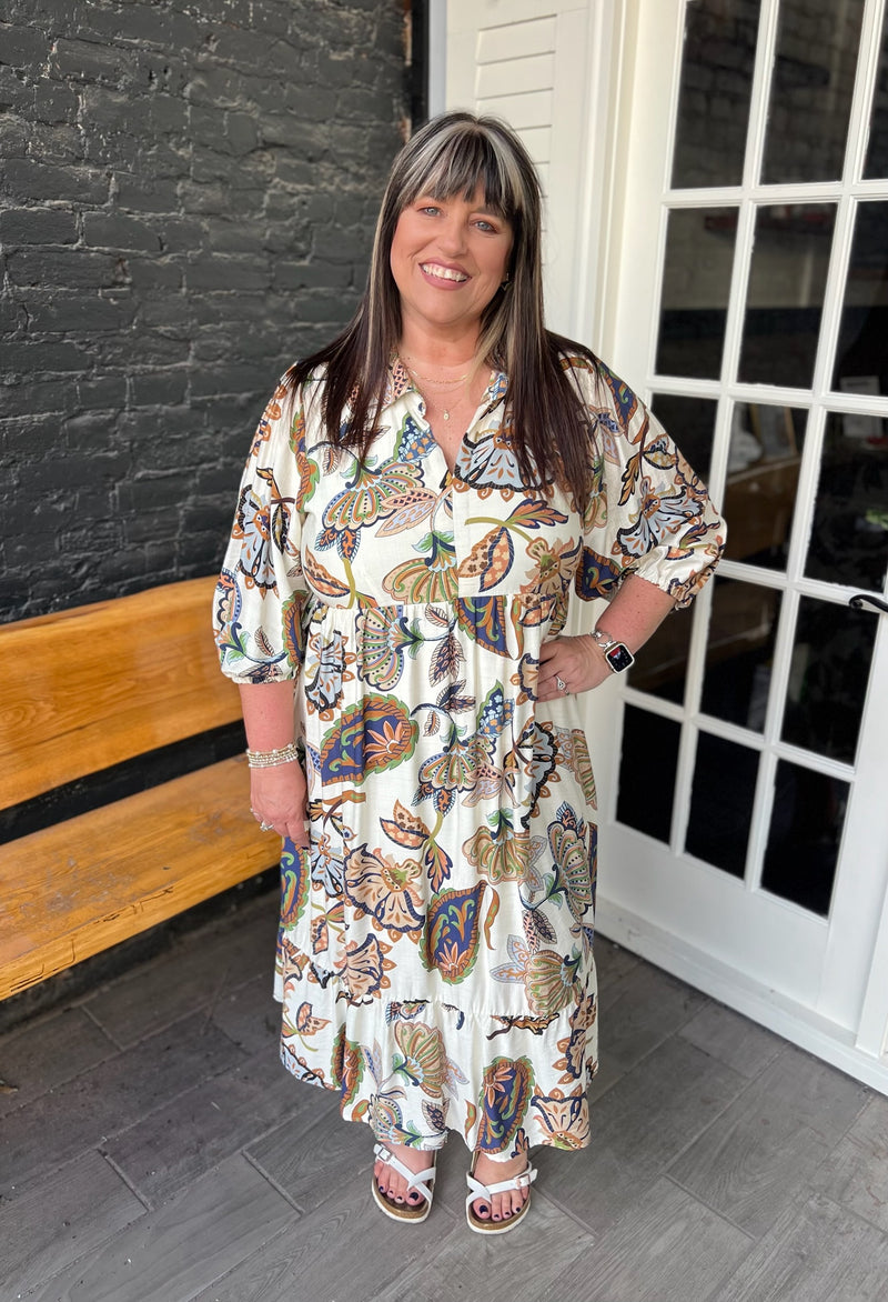 Curvy Cream Boho Paisley Tiered Midi Dress