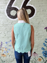 Green Striped Contrast V-Neck Sleeveless Top