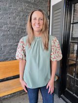 Ruffle Neck Embroidered Puff Sleeve Top