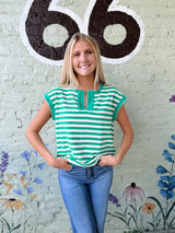 Green and White Stripe Y Split Neck Top