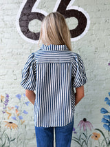 Navy and White Striped Puff Sleeve Button Down Top