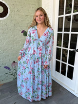 Blue Floral V-Neck Maxi Dress
