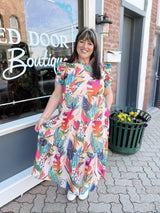 Curvy Multi Color Foliage Design Ruffle Sleeve Midi Dress