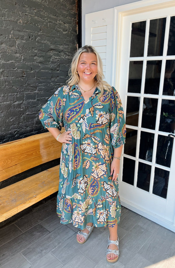 Curvy Boho Paisley Tiered Midi Dress