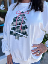 White Holiday Sweatshirt Patchwork Christmas Tree