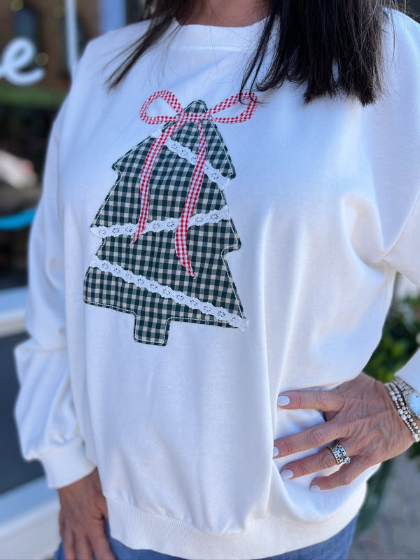 White Holiday Sweatshirt Patchwork Christmas Tree