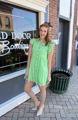Green Pinstripe Pink Tiered Dress
