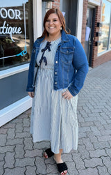 Curvy Navy Sleeveless Striped Bow Front Midi Dress