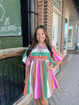 Multi Color Striped Front Tie Babydoll  Dress