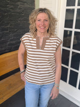 Taupe Stripes  Split Neck Cap Sleeve Top