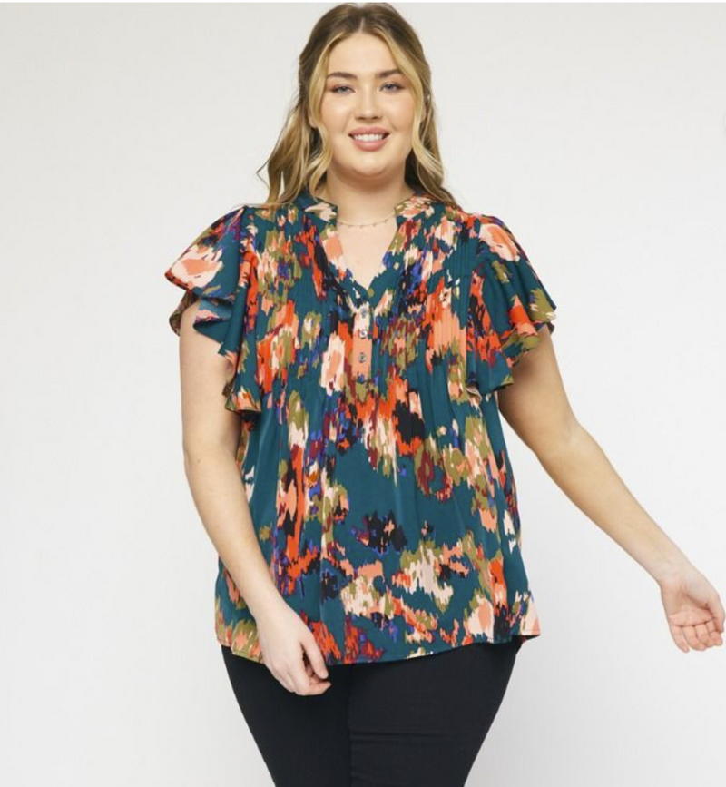 Curvy Teal Mix Front Pleated Top