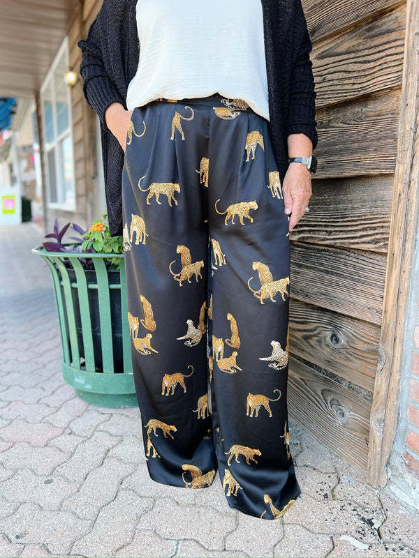 Black Satin Cheetah Dress Pants