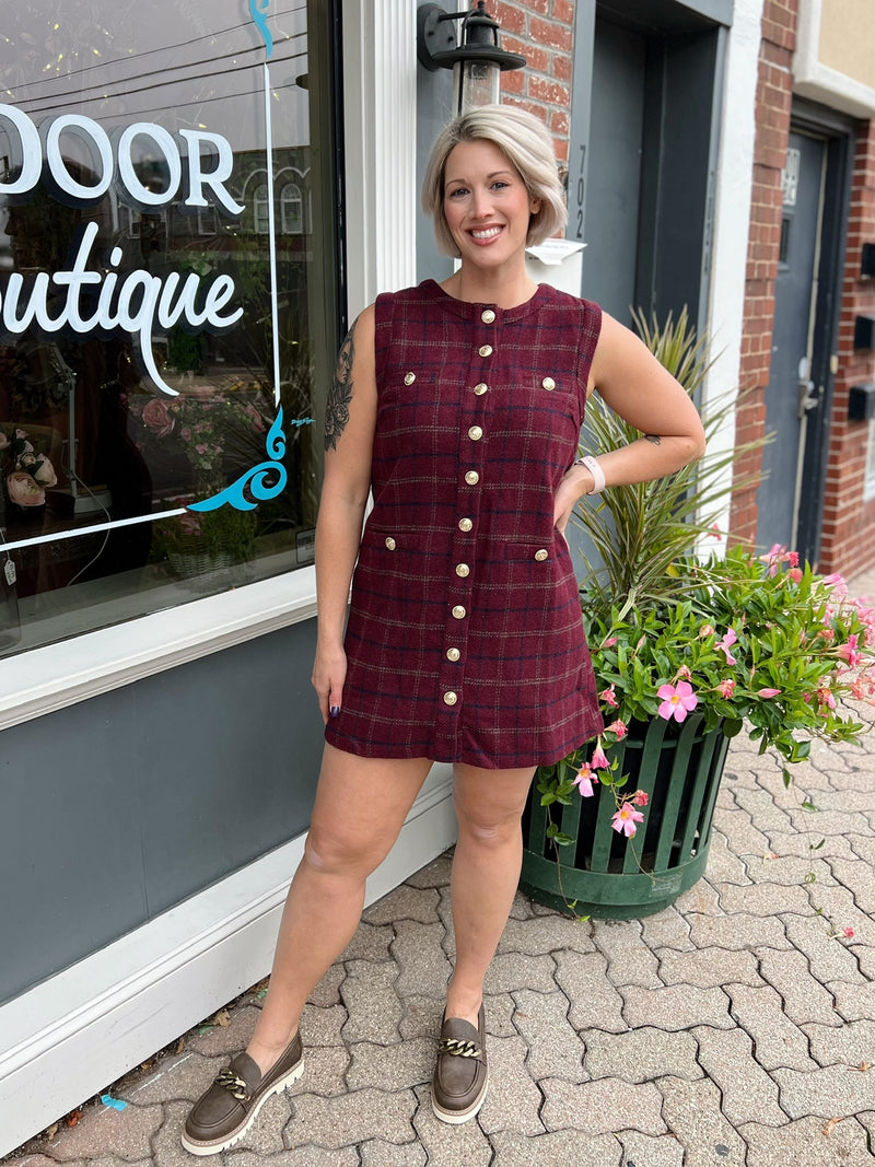 Plaid Tweed Button Down Sleeveless Dress