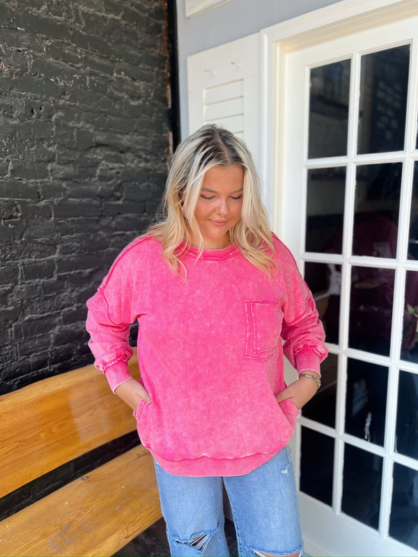 Curvy Acid Wash Sweatshirt With Pockets