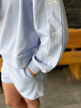 Light Blue Knit Shorts with Bow Embroidery Details