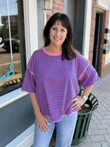 Pink and Blue Striped Oversized Drop Shoulder Top