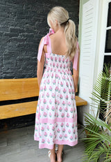 Pink Floral Tie Strap Midi Dress