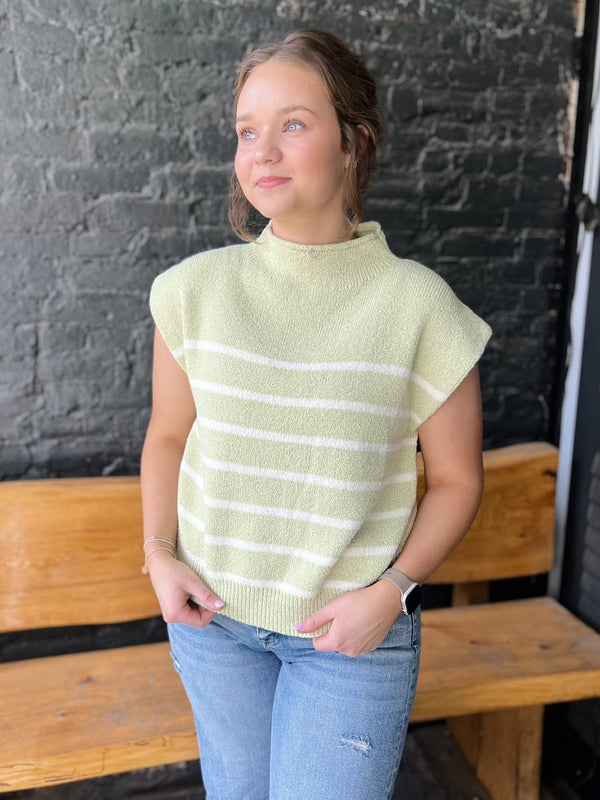 Green Drop Shoulder Mock Neck Striped Sweater Top