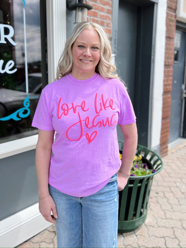 Purple Puff Print Love Like Jesus Tee
