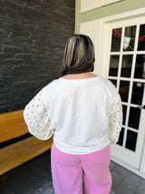 Curvy Off White Lace With Floral Balloon Sleeve Top