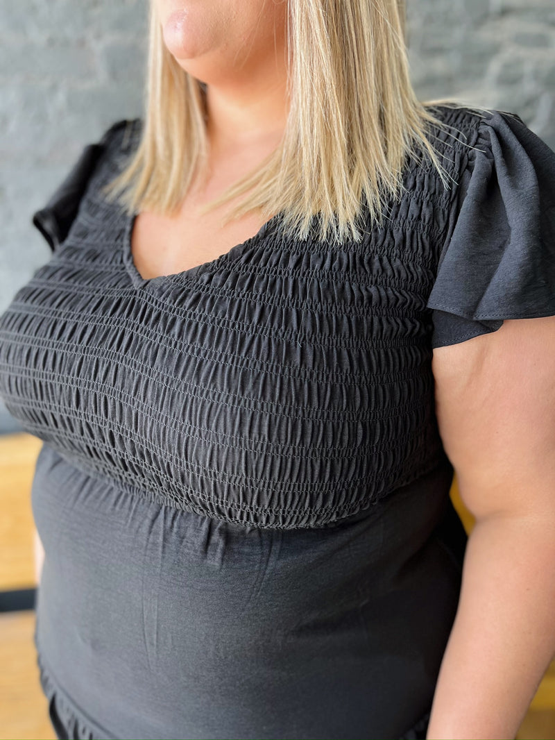 Curvy Tiered V-Neck Cap Sleeve Midi Dress