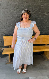 Curvy Blue Stripe Smocked Ruffle Trim Dress