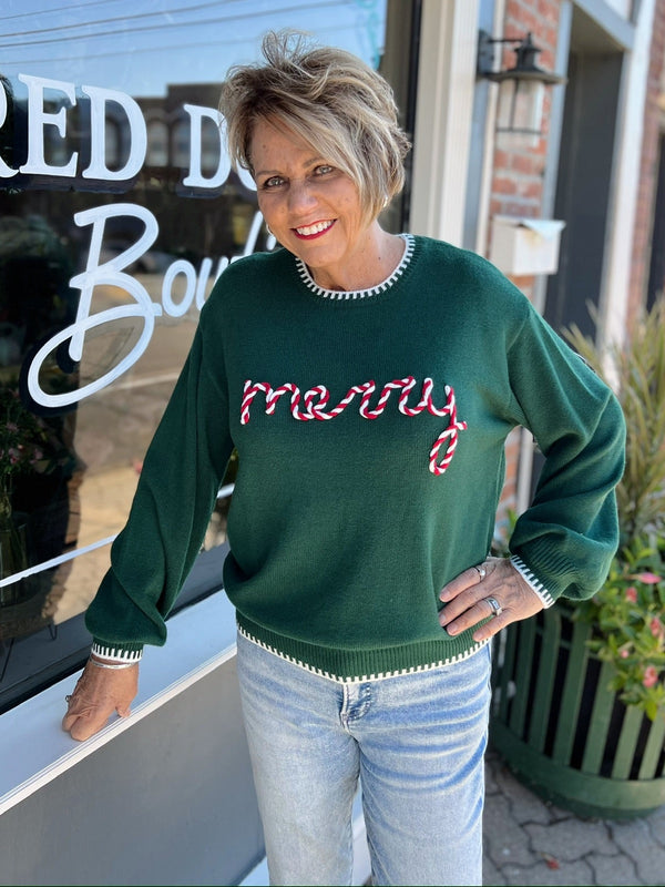 Hunter Green Merry Embroidered Sweater