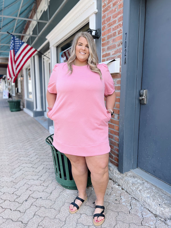 Curvy Pink Abstract Textured Puff Sleeve Dress