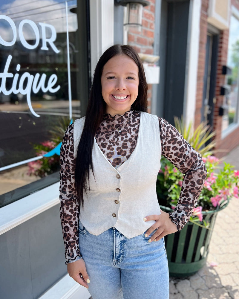 Leopard Printed Mesh Long Sleeve Top