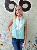 Green Striped Contrast V-Neck Sleeveless Top