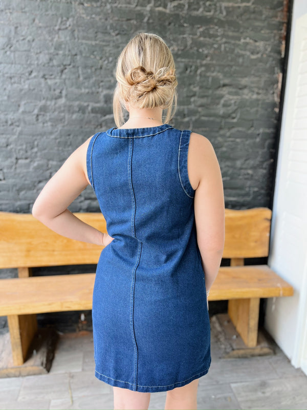 Gold Button Down Sleeveless Denim Mini Dress