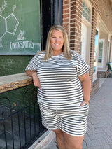 Curvy Ivory Shorts with Black Stripes and Drawstring