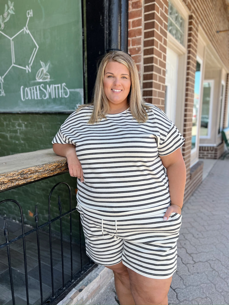 Curvy Ivory Shorts with Black Stripes and Drawstring
