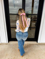 White and Blue Printed Bow Mesh Top