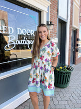 Cream and Blue Floral and Stripe Printed Dress