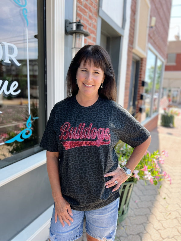 Black Leopard Tee With Maroon Sequin Bulldogs Logo