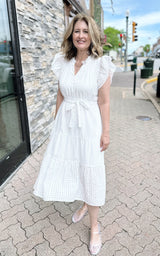 White Textured Belted Midi Dress